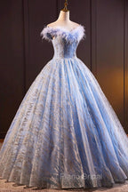 Blue Tulle Sequins Long A-Line Formal Prom Dresses with Feather, Off the Shoulder Evening Party Dresses