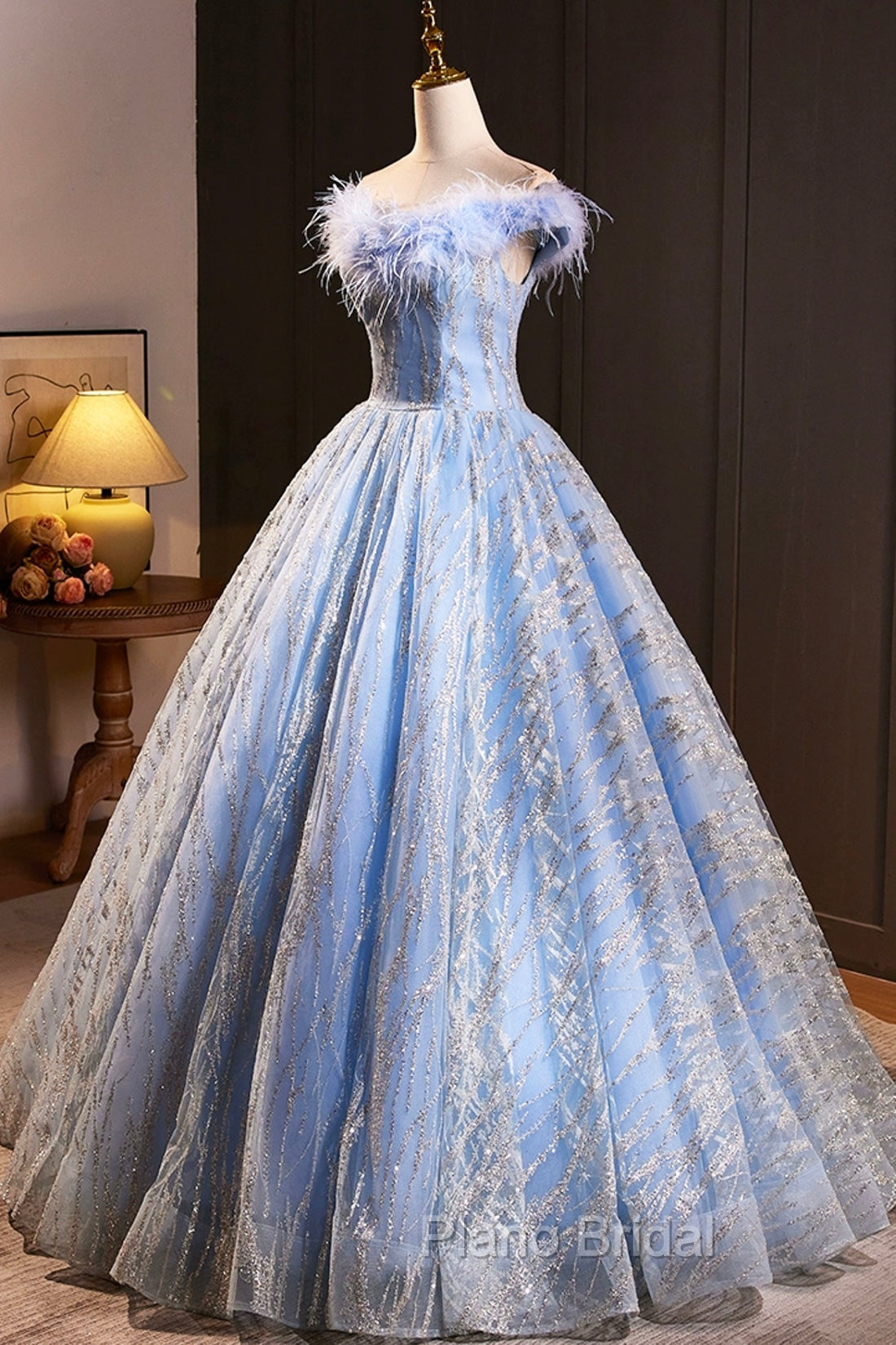 Blue Tulle Sequins Long A-Line Formal Prom Dresses with Feather, Off the Shoulder Evening Party Dresses