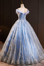 Blue Tulle Sequins Long A-Line Formal Prom Dresses with Feather, Off the Shoulder Evening Party Dresses