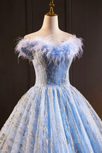 Blue Tulle Sequins Long A-Line Formal Prom Dresses with Feather, Off the Shoulder Evening Party Dresses