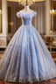Blue Tulle Sequins Long A-Line Formal Prom Dresses with Feather, Off the Shoulder Evening Party Dresses