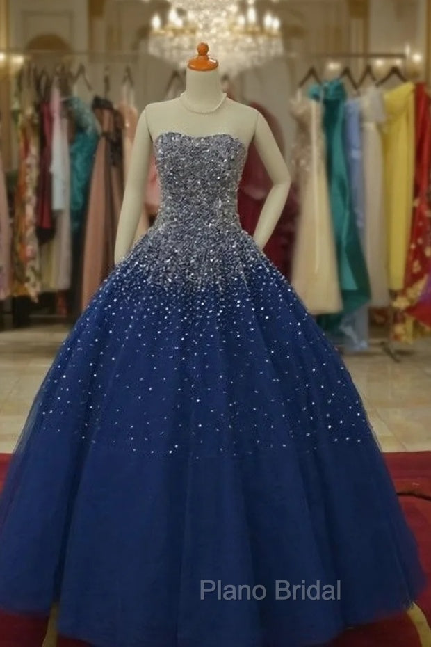 Blue Tulle Sequins Long Ball Gown Formal Dresses, Sparkle Blue Quinceanera Dresses Secondary image