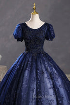 Blue Tulle Sequins Long Formal Dresses, A-Line Short Sleeve Evening Party Dresses