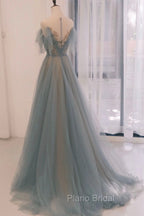 Blue Tulle Sequins Long Formal Prom Dresses, A-Line Scoop Neckline Party Dresses