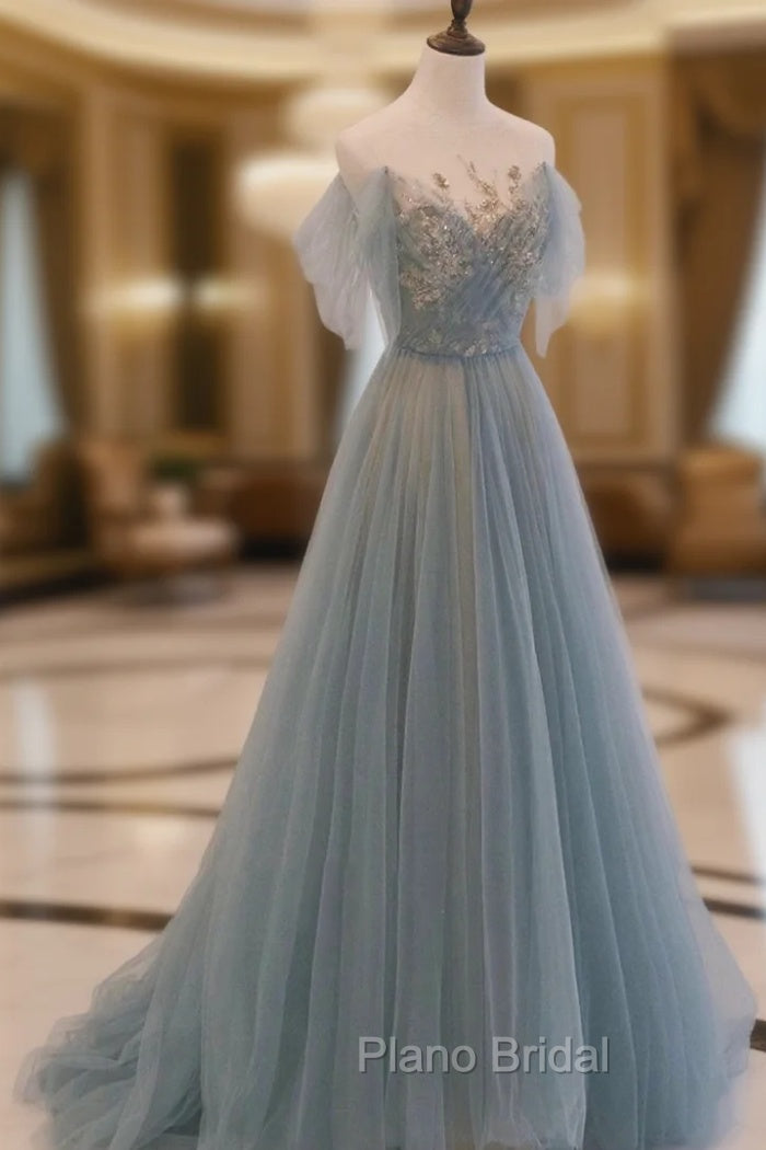 Blue Tulle Sequins Long Formal Prom Dresses, A-Line Scoop Neckline Party Dresses Main image