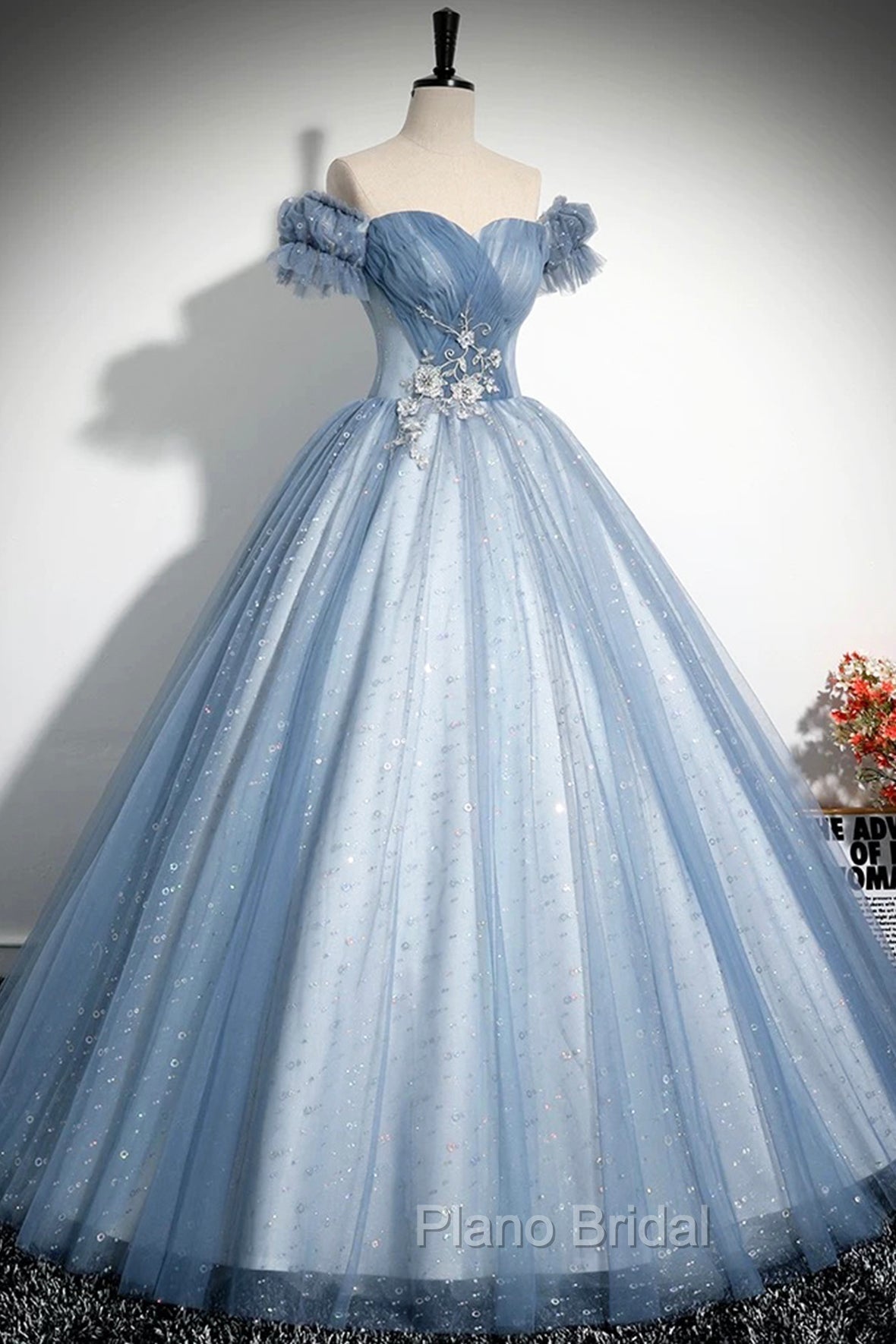 Blue Tulle Sequins Long Formal Prom Dresses, Beautiful A-Line Evening Party Dresses Secondary image