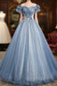 Blue Tulle Sequins Long Formal Prom Dresses, Beautiful A-Line Evening Party Dresses