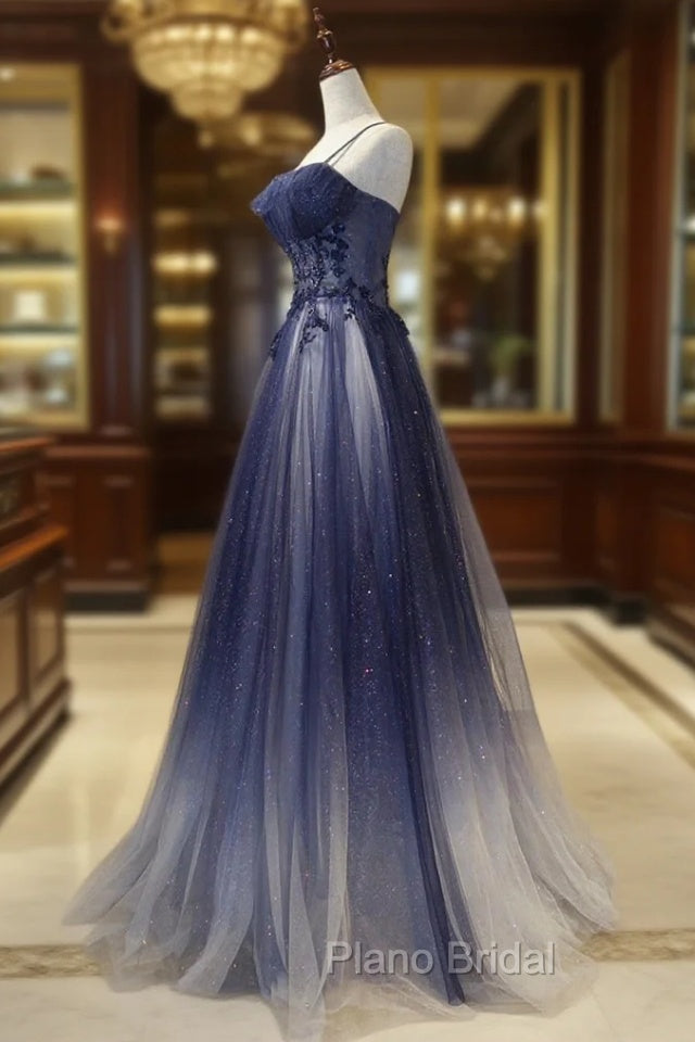 Blue tulle sequins long Formal Prom Dresses blue evening Dresses Main image