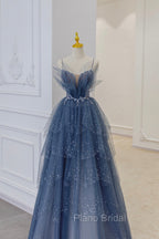 Blue Tulle Sequins Long Formal Prom Gown, Blue Spaghetti Straps Formal Evening Dresses