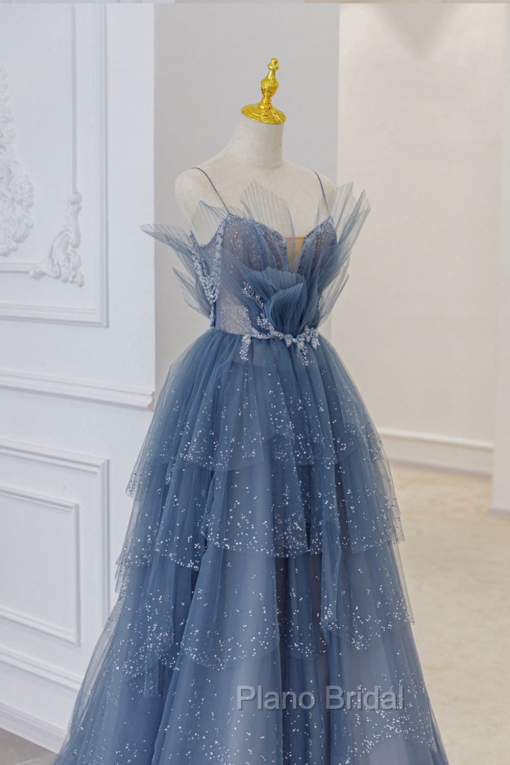 Blue Tulle Sequins Long Formal Prom Gown, Blue Spaghetti Straps Formal Evening Dresses