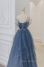 Blue Tulle Sequins Long Formal Prom Gown, Blue Spaghetti Straps Formal Evening Dresses