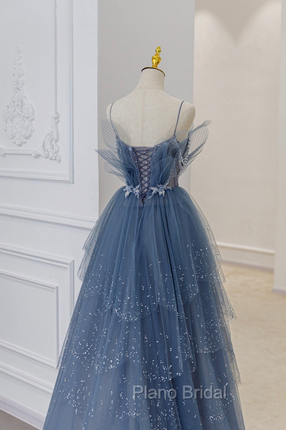 Blue Tulle Sequins Long Formal Prom Gown, Blue Spaghetti Straps Formal Evening Dresses