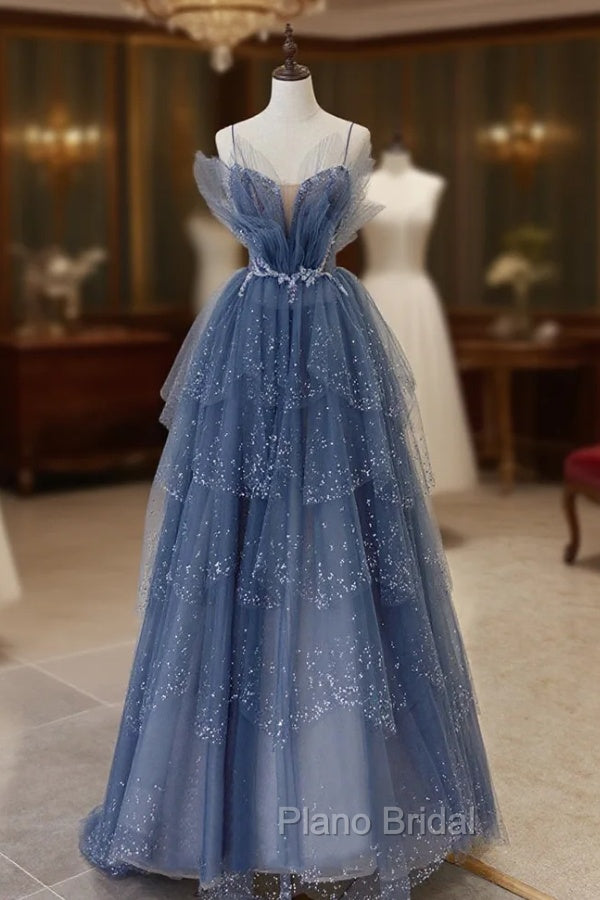 Blue Tulle Sequins Long Formal Prom Gown, Blue Spaghetti Straps Formal Evening Dresses Main image