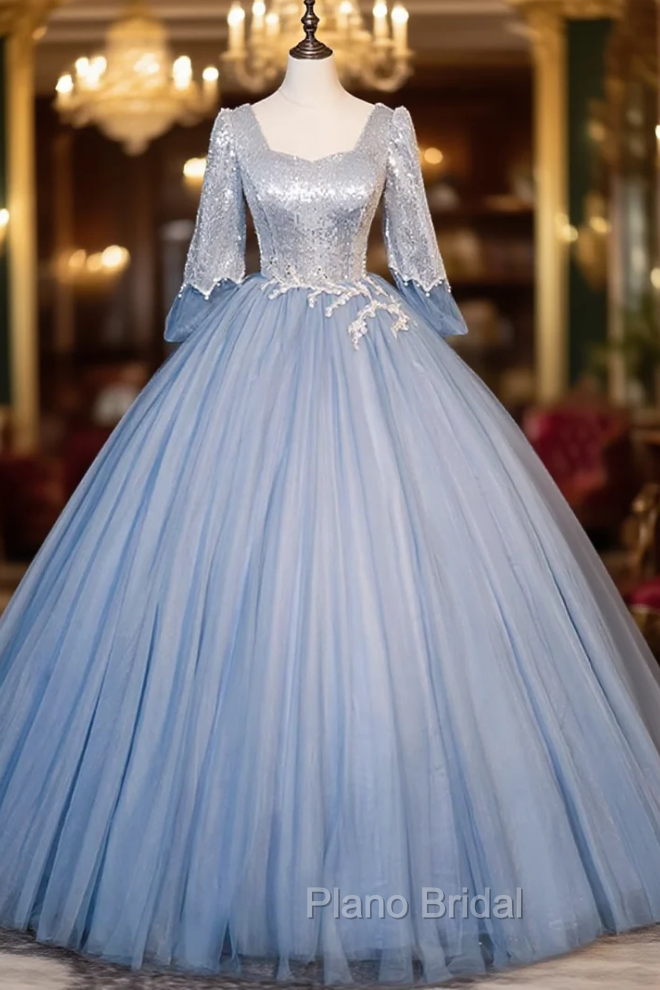 Blue Tulle Sequins Long Sleeve Quinceanera Dresses