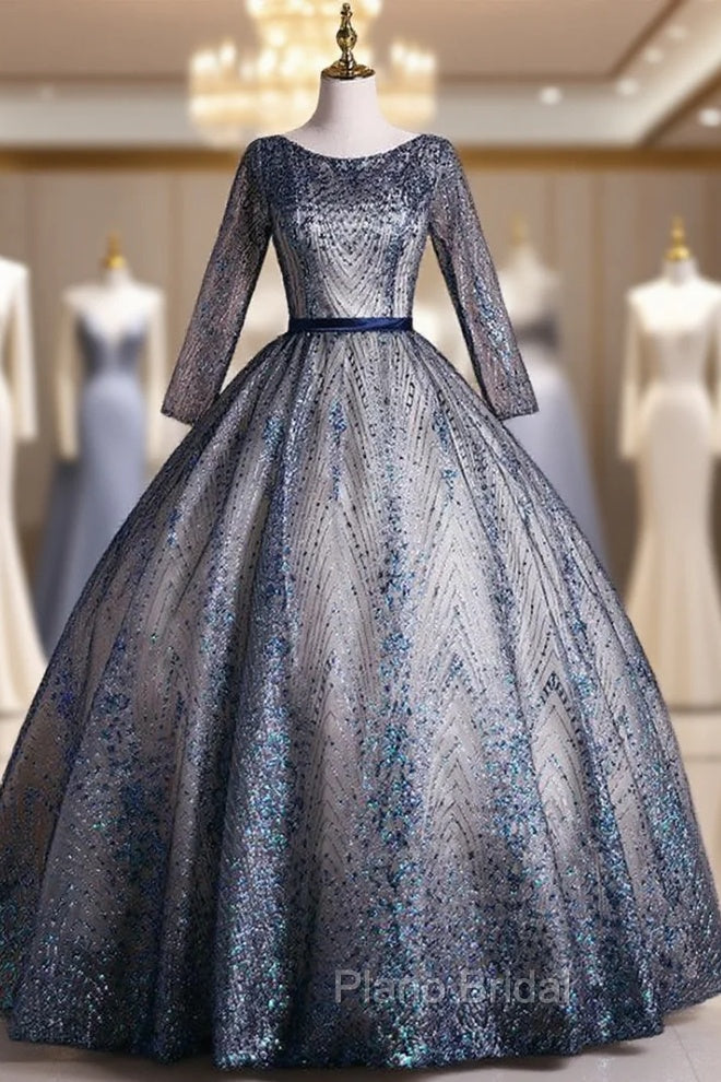 Blue Tulle Sequins Long Sleeve Quinceanera Dresses Main image
