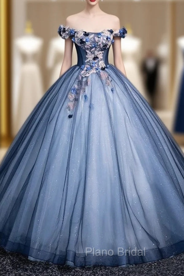 Blue Tulle Sequins Off the Shoulder Appliques Ball Gown Quinceanera Dresses