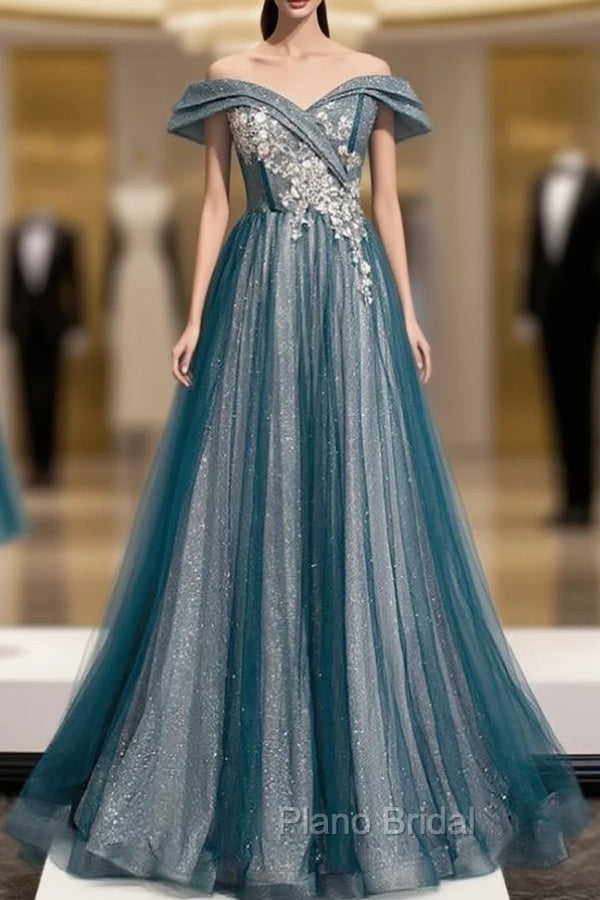 Blue Tulle Sequins Off the Shoulder Appliques Formal Prom Dresses Main image