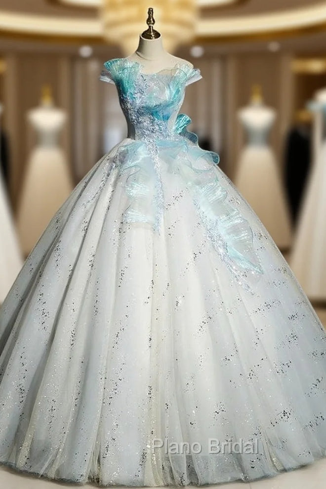 Blue Tulle Sequins Off the Shoulder Appliques Quinceanera Dresses Main image