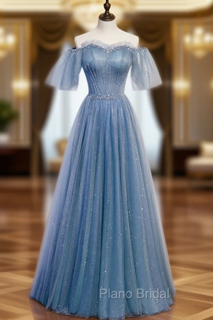 Blue Tulle Sequins Off the Shoulder Beading Pleats Formal Prom Dresses Main image
