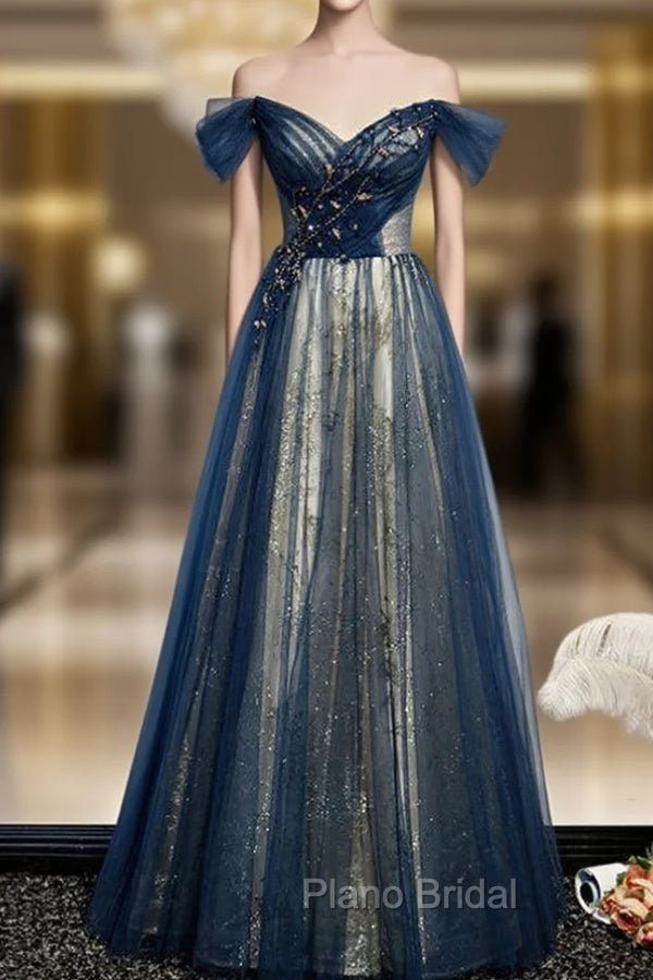 Blue Tulle Sequins Off the Shoulder Beading Formal Prom Dresses Main image