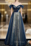 Blue Tulle Sequins Off the Shoulder Beading Formal Prom Dresses