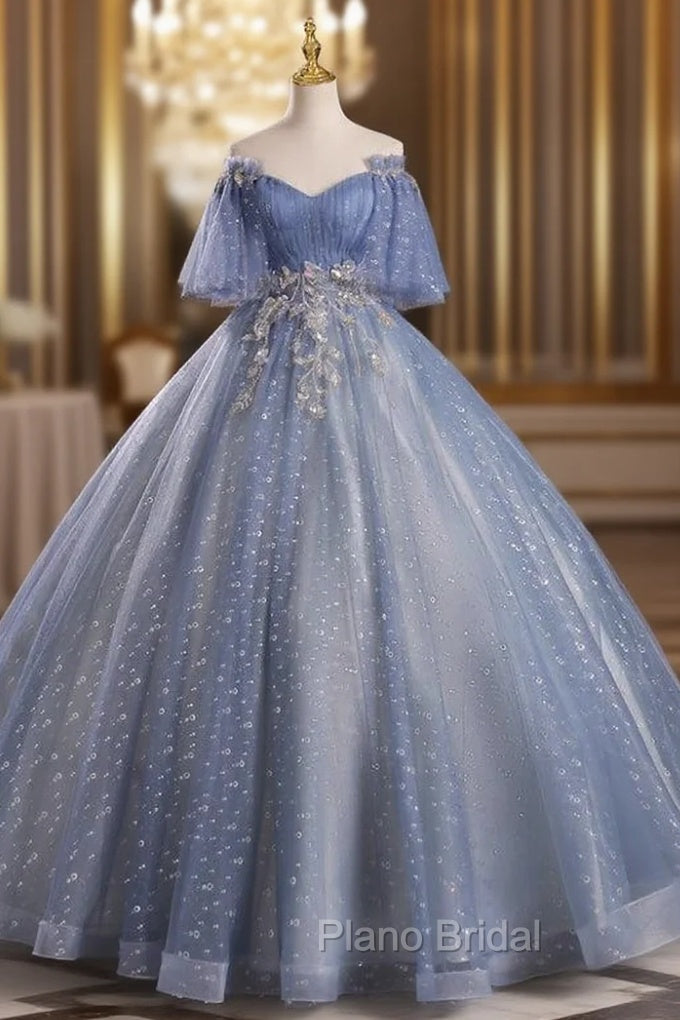 Blue Tulle Sequins Off the Shoulder Beading Quinceanera Dresses Main image