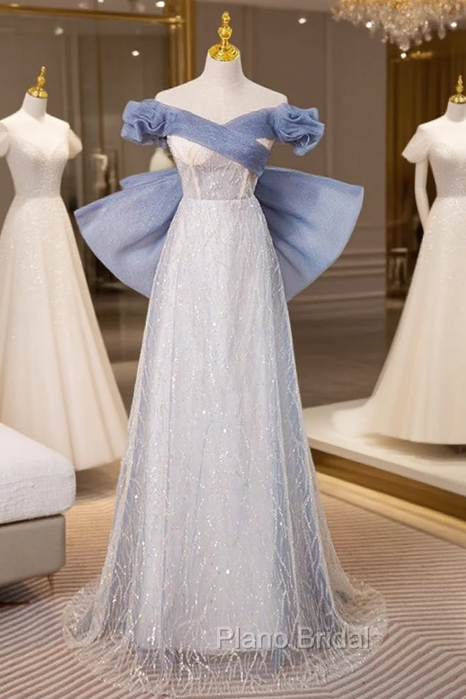 Blue Tulle Sequins Off the Shoulder Bow Formal Prom Dresses