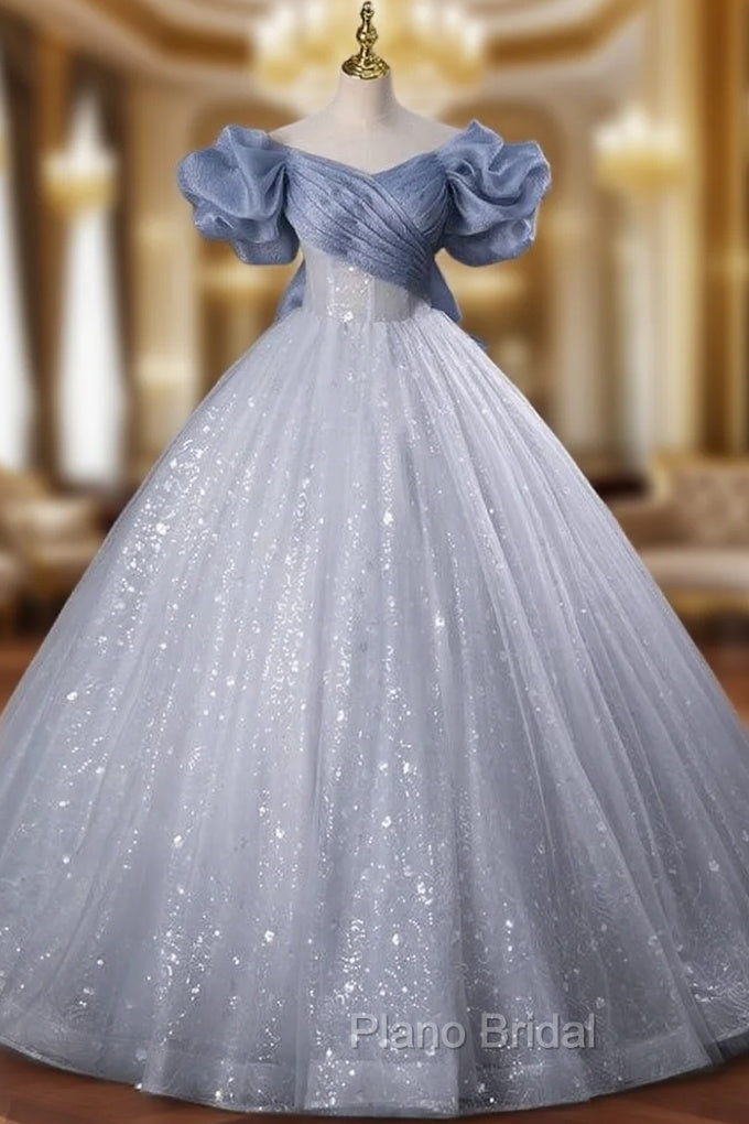 Blue Tulle Sequins Off the Shoulder Bow Quinceanera Dresses