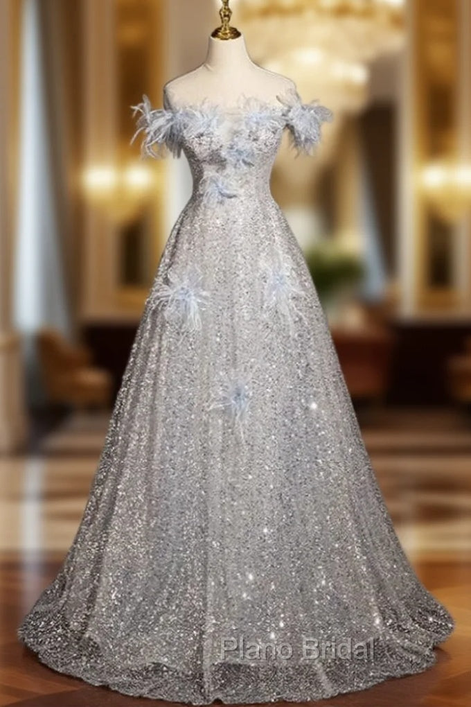 Blue Tulle Sequins Off the Shoulder Flower Formal Prom Dresses Main image