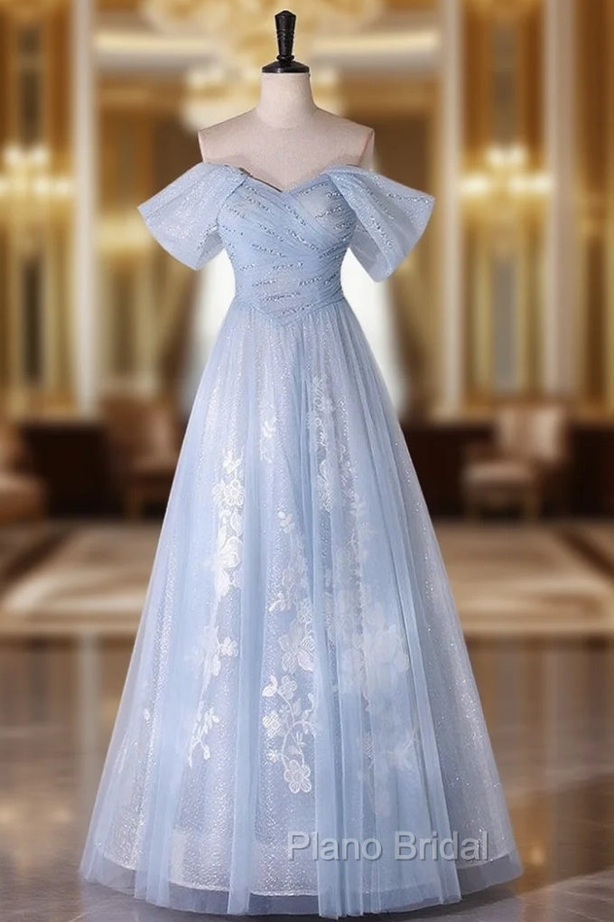 Blue Tulle Sequins Off the Shoulder Lace Beading Formal Prom Dresses Main image