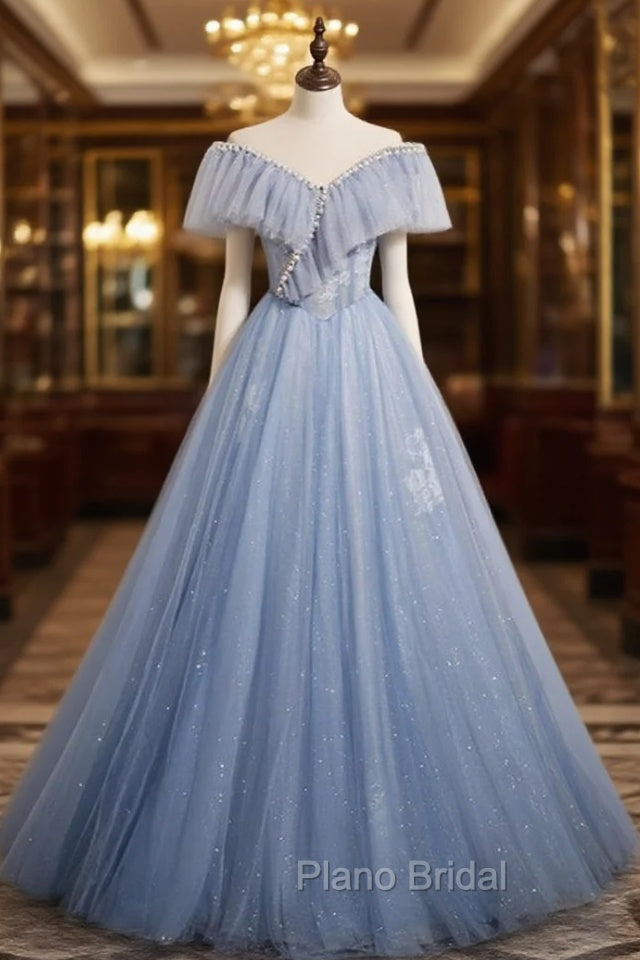 Blue Tulle Sequins Off the Shoulder Pearls Formal Prom Dresses Main image