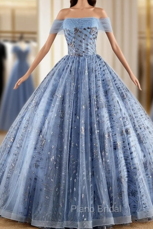 Blue Tulle Sequins Off the Shoulder Pearls Quinceanera Dresses Main image