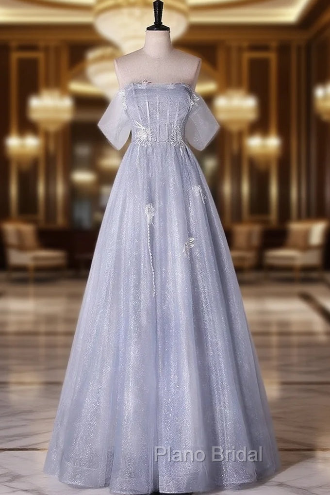 Blue tUlle Sequins Off the Shoulder Formal Prom Dresses