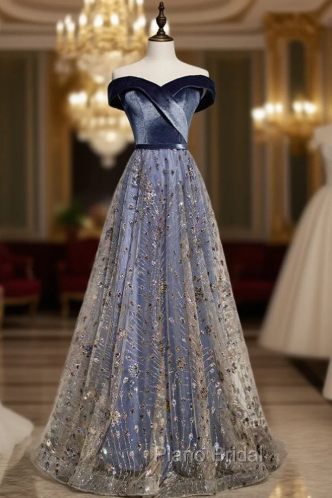 Blue Tulle Sequins Off the Shoulder Formal Prom Dresses