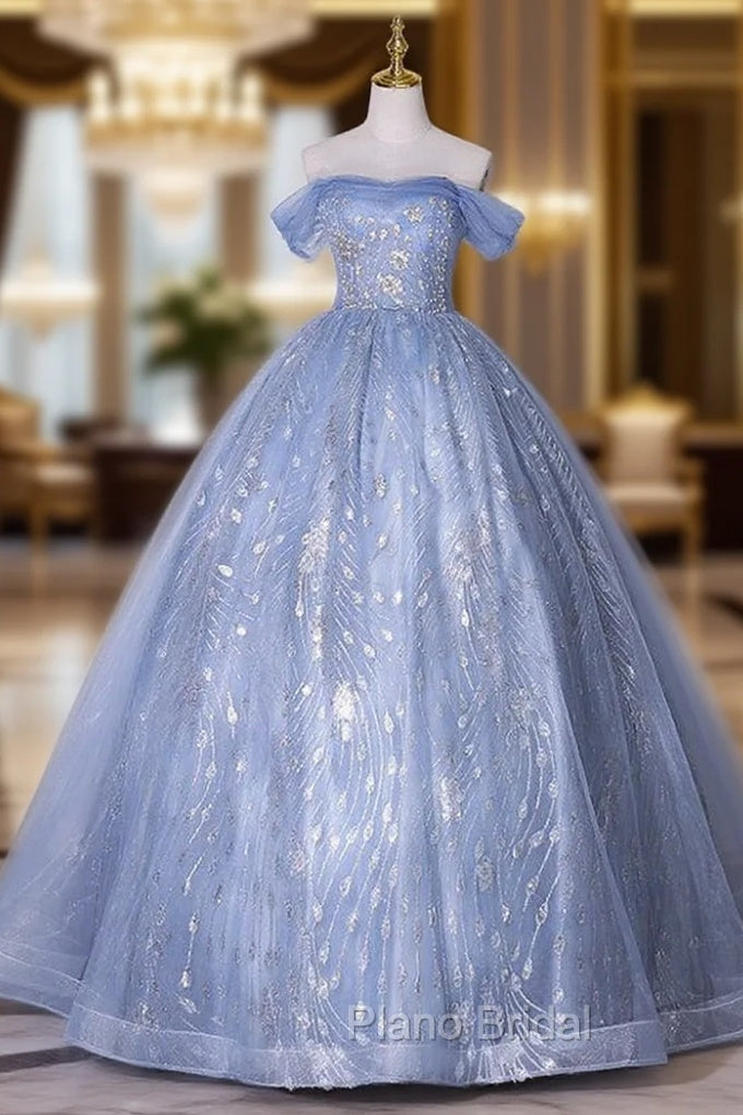 Blue Tulle Sequins Off the Shoulder Quinceanera Dresses Main image