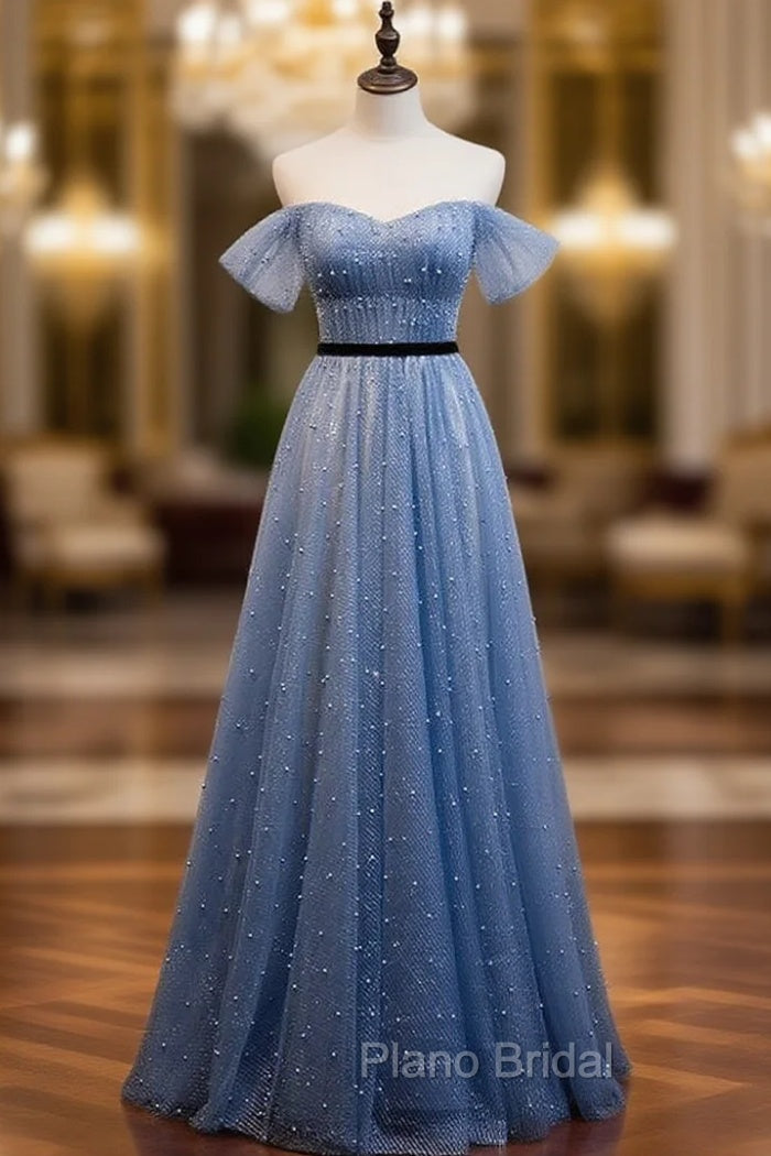 Blue Tulle Sequins Pearls Pleats Formal Prom Dresses Main image