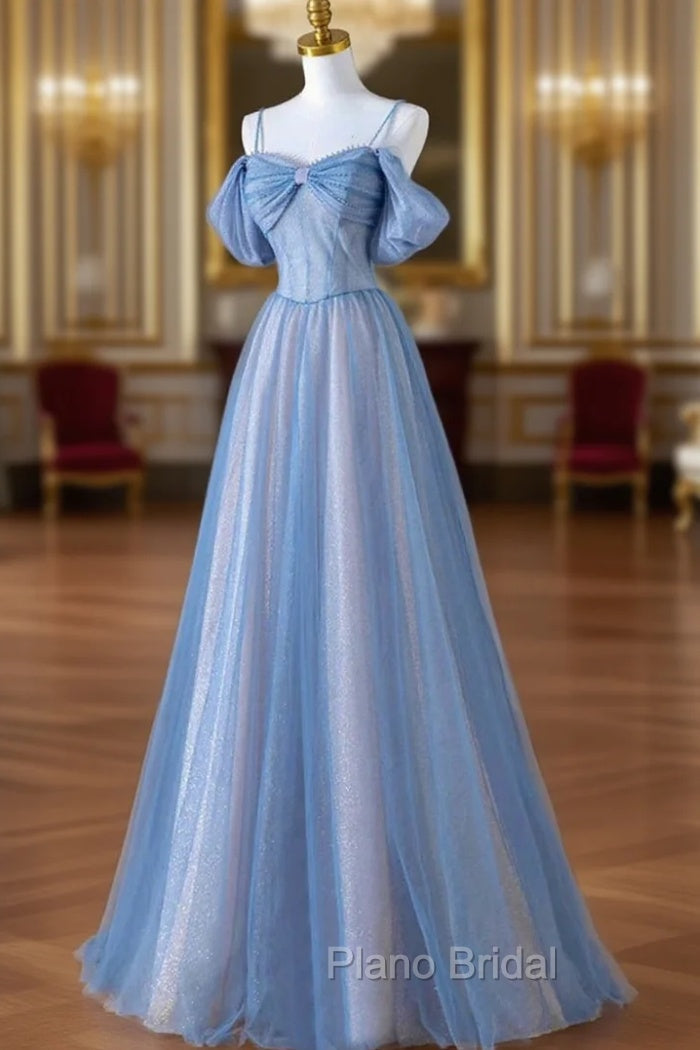 Blue Tulle Sequins Pearls Spaghetti Straps Formal Prom Dresses Main image