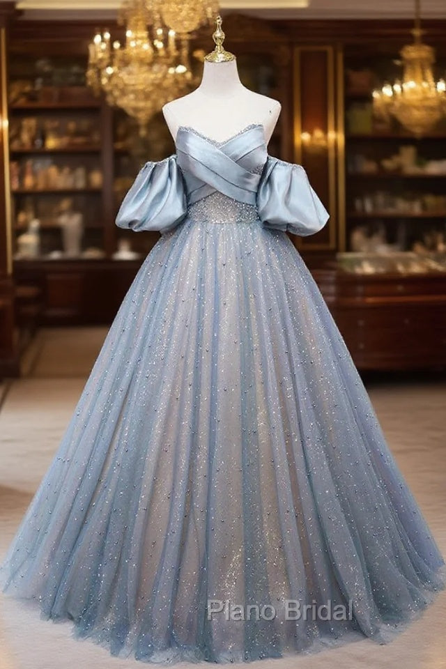Blue Tulle Sequins Pearls Strapless Formal Prom Dresses Main image
