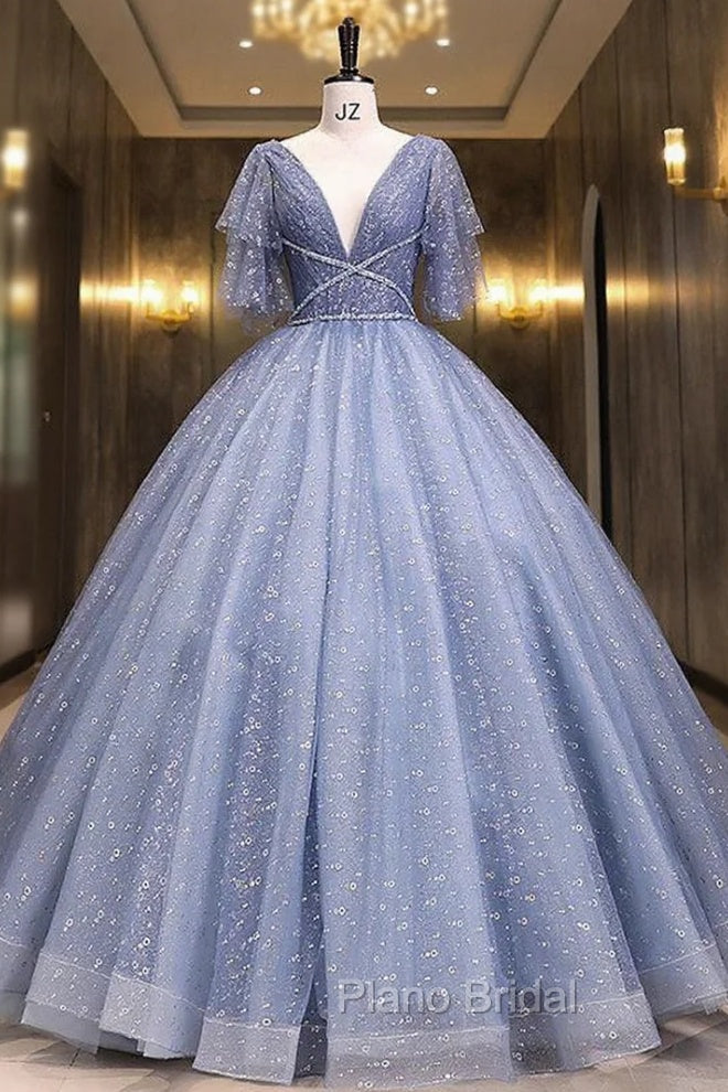 Blue Tulle Sequins Pleats V-neck Quinceanera Dresses Main image