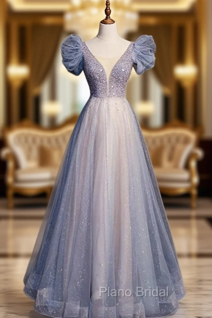Blue Tulle Sequins Puff Beading Formal Prom Dresses