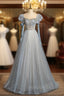 Blue Tulle Sequins Puff Sleeve Beading Formal Prom Dresses