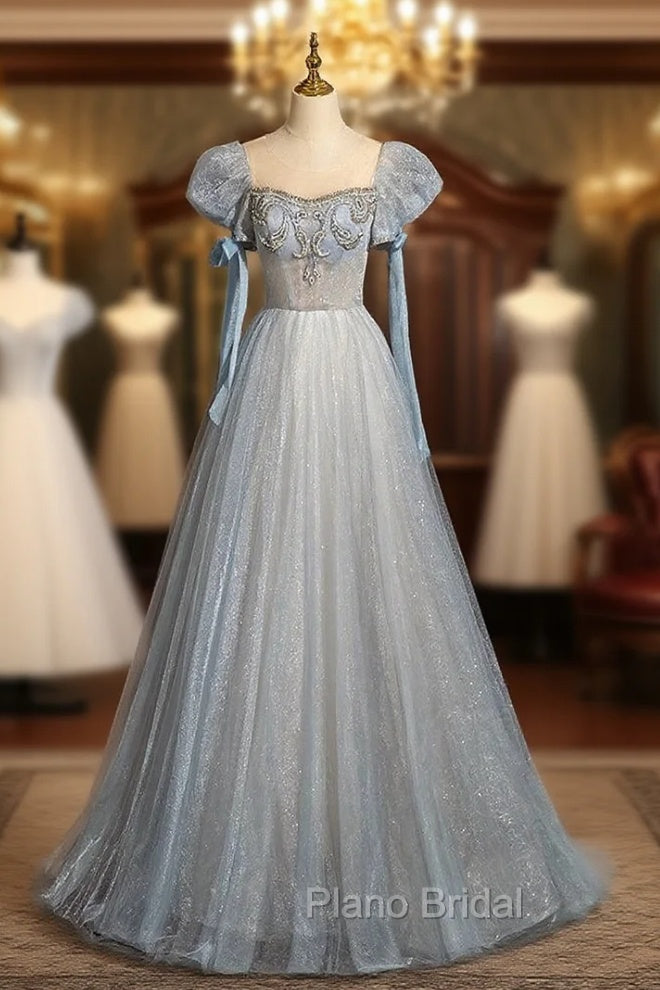 Blue Tulle Sequins Puff Sleeve Beading Formal Prom Dresses Main image
