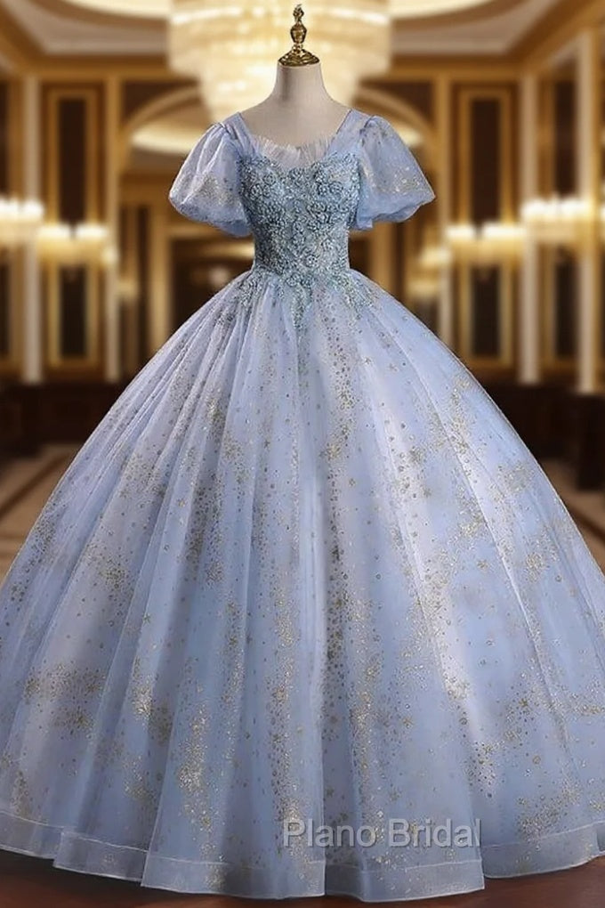 Blue Tulle Sequins Puff Sleeve Beading Quinceanera Dresses