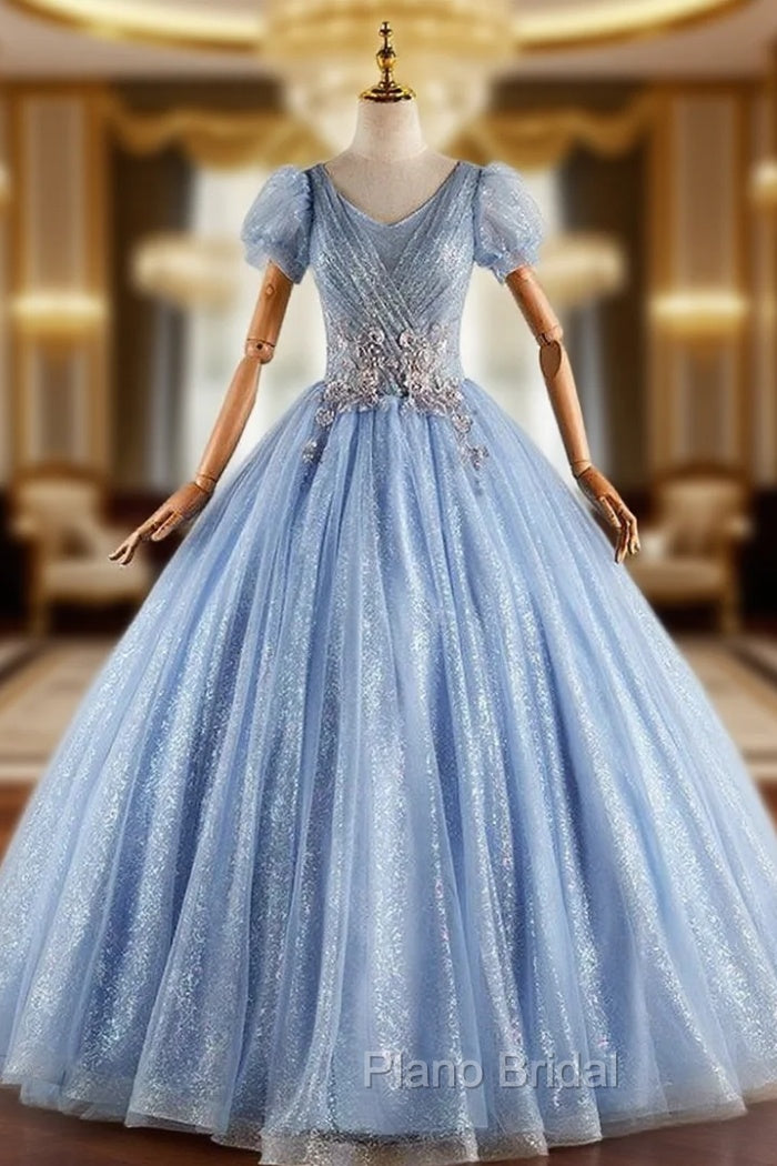 Blue Tulle Sequins Puff Sleeve Pleats Quinceanera Dresses Main image