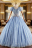 Blue Tulle Sequins Puff Sleeve Pleats Quinceanera Dresses