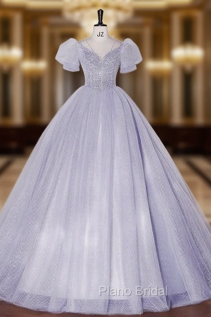 Blue Tulle Sequins Puff Sleeve Quinceanera Dresses Main image