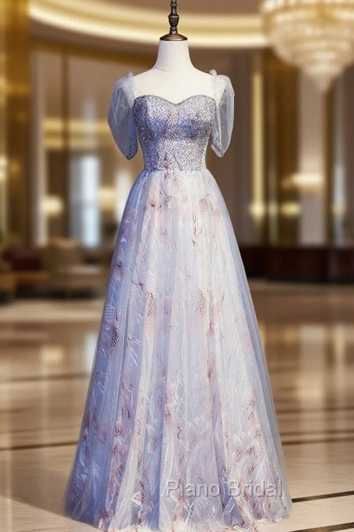Blue Tulle Sequins Short Sleeve Beading Formal Prom Dresses Main image