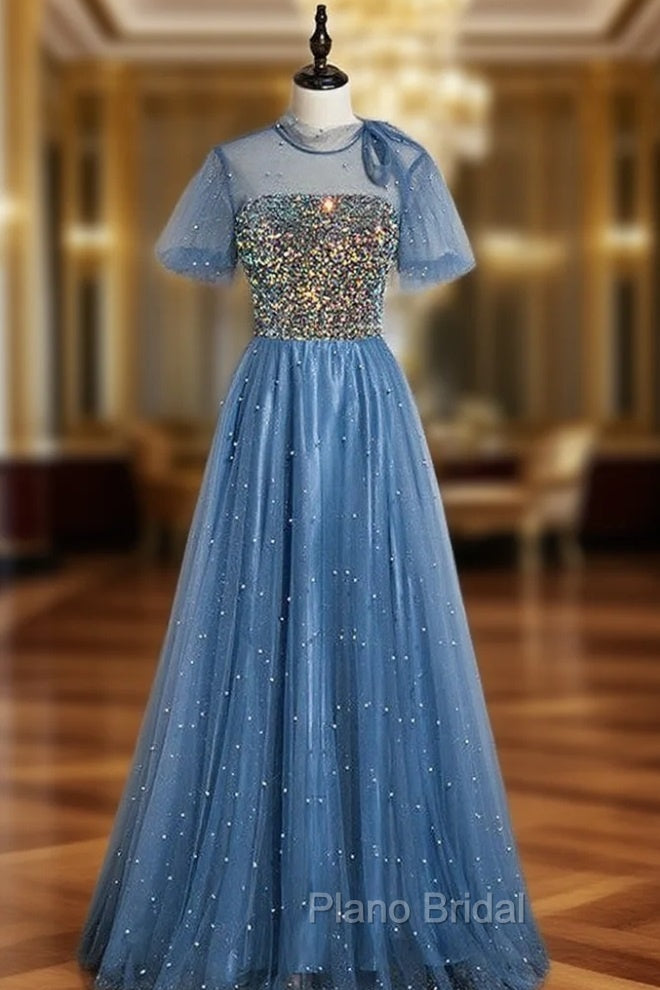 Blue Tulle Sequins Short Sleeve Open Back Formal Prom Dresses