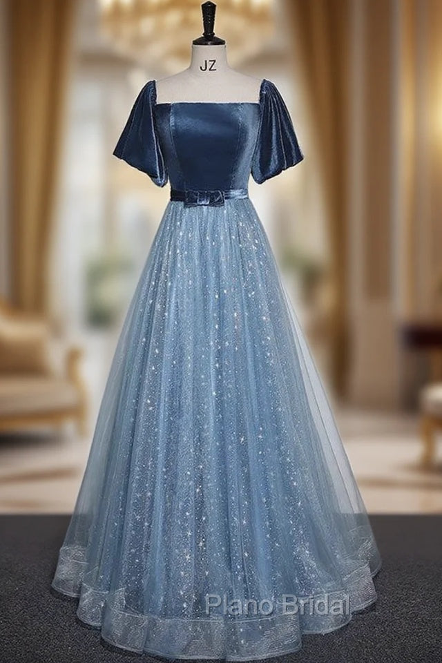Blue Tulle Sequins Short Sleeve Velvet Formal Prom Dresses Main image