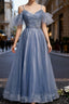 Blue Tulle Sequins Spagehtti Straps Beading Formal Prom Dresses